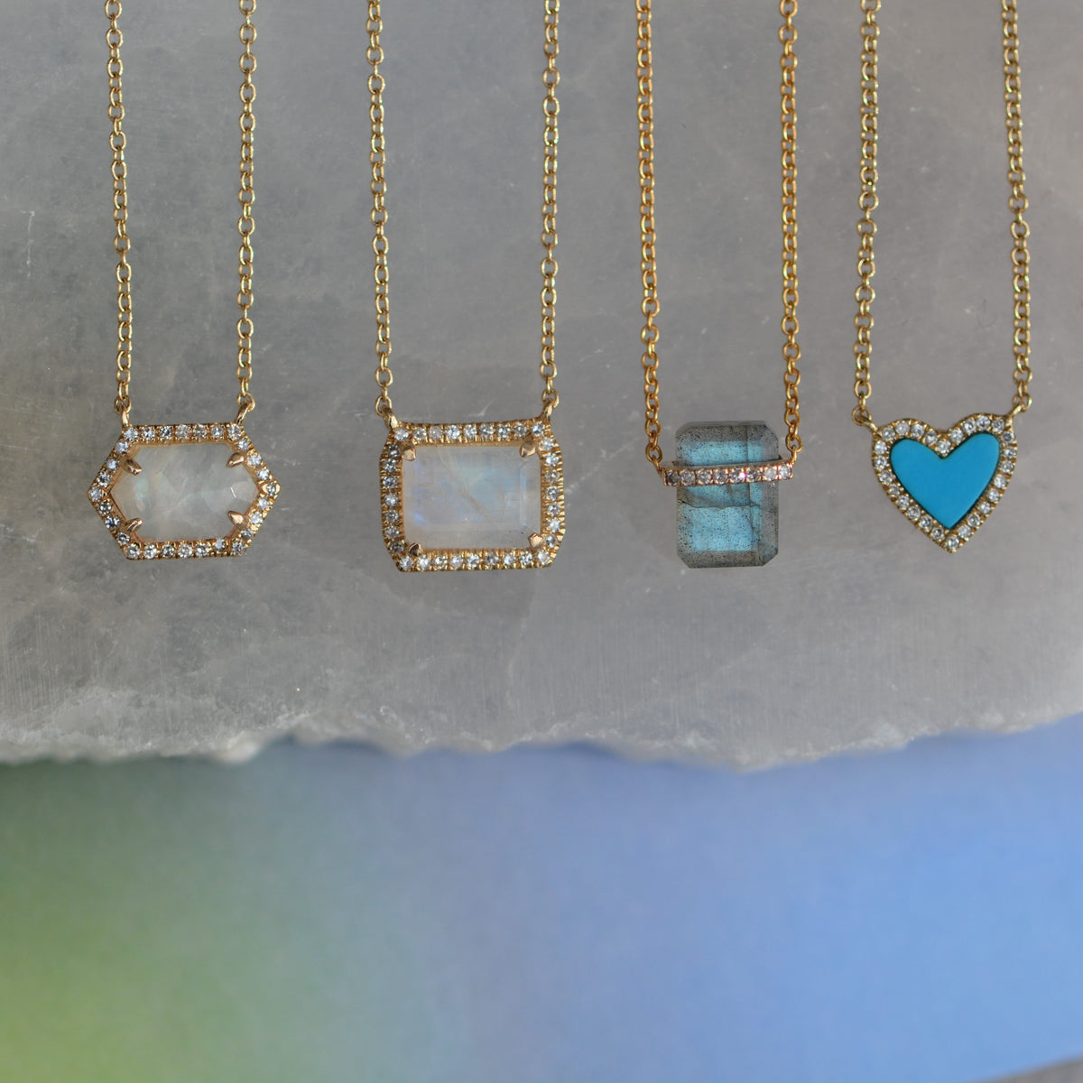 Atiena Rainbow Moonstone Necklace With Diamonds and Fine Necklaces