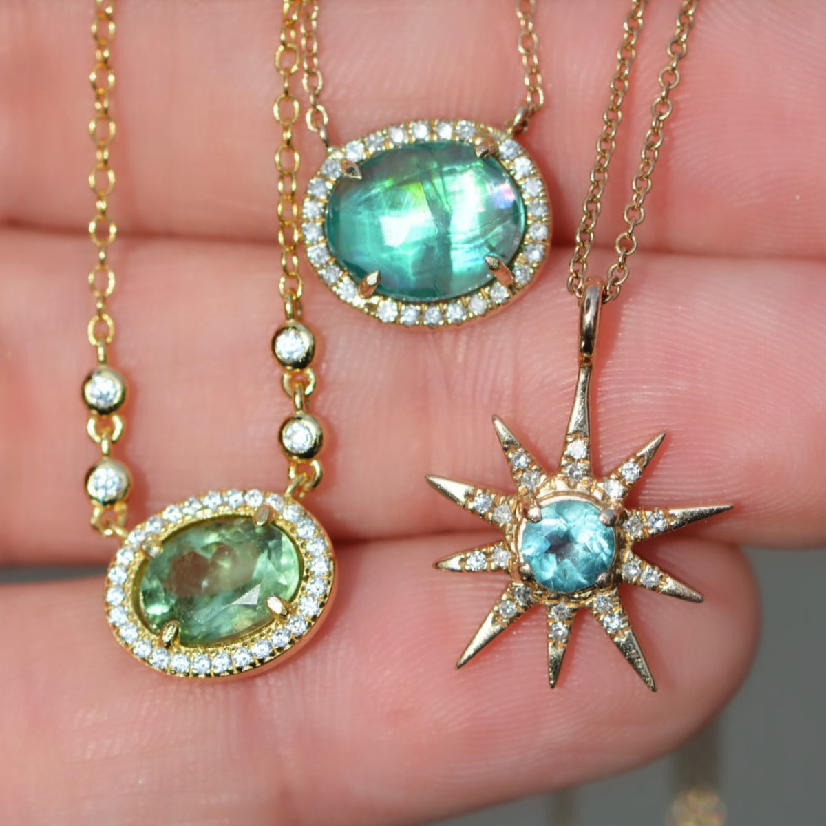aura green tourmaline apatite diamonds necklaces