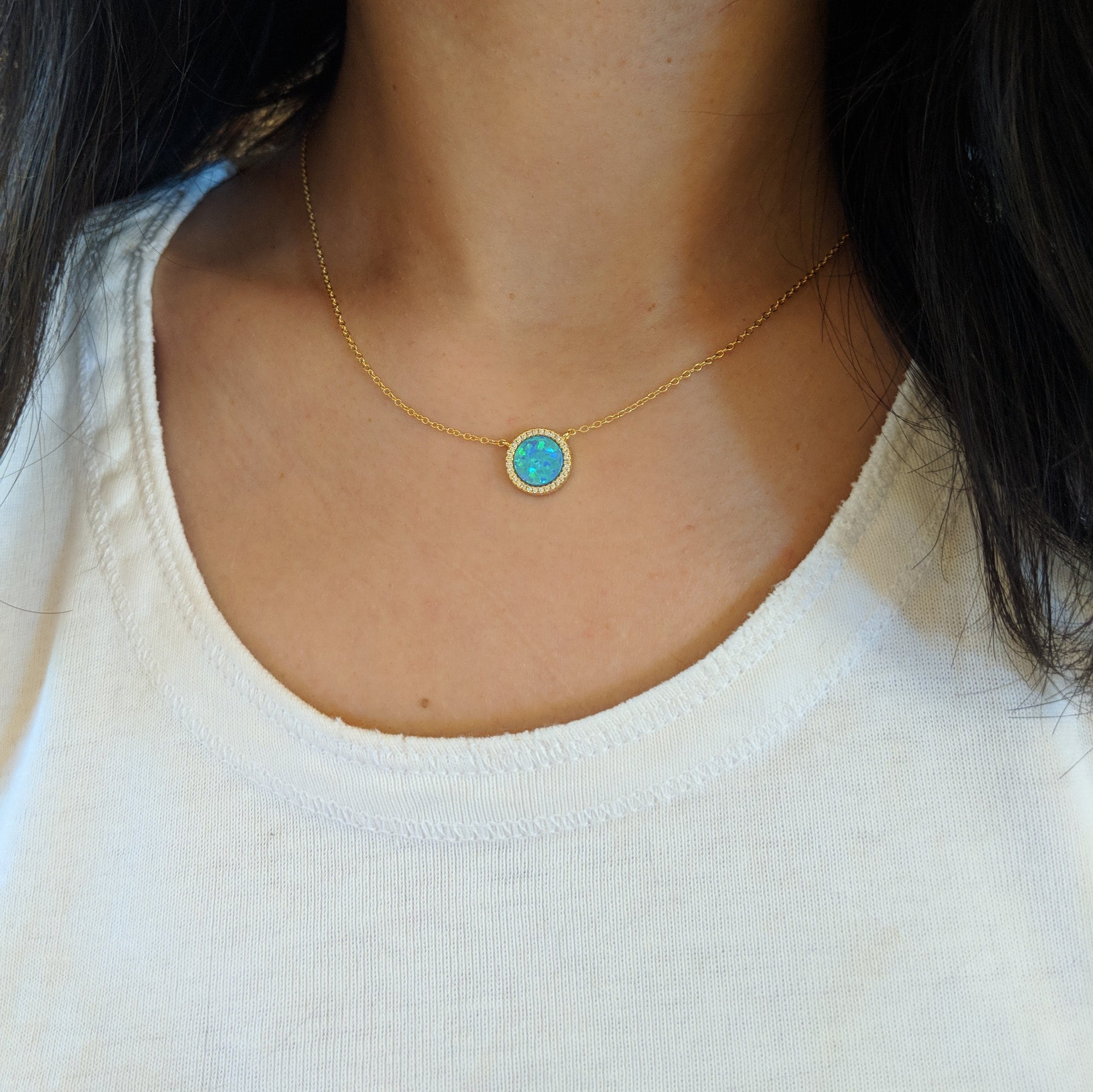 Beacon opal circle necklace with crystals in blue opal and gold