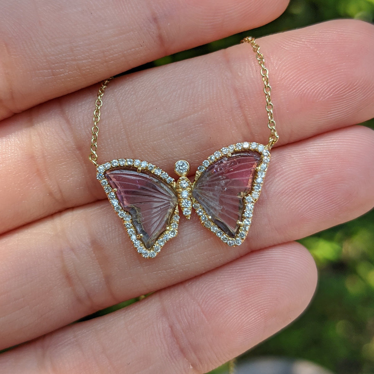bicolor mauve and pink tourmaline butterfly necklace with diamonds