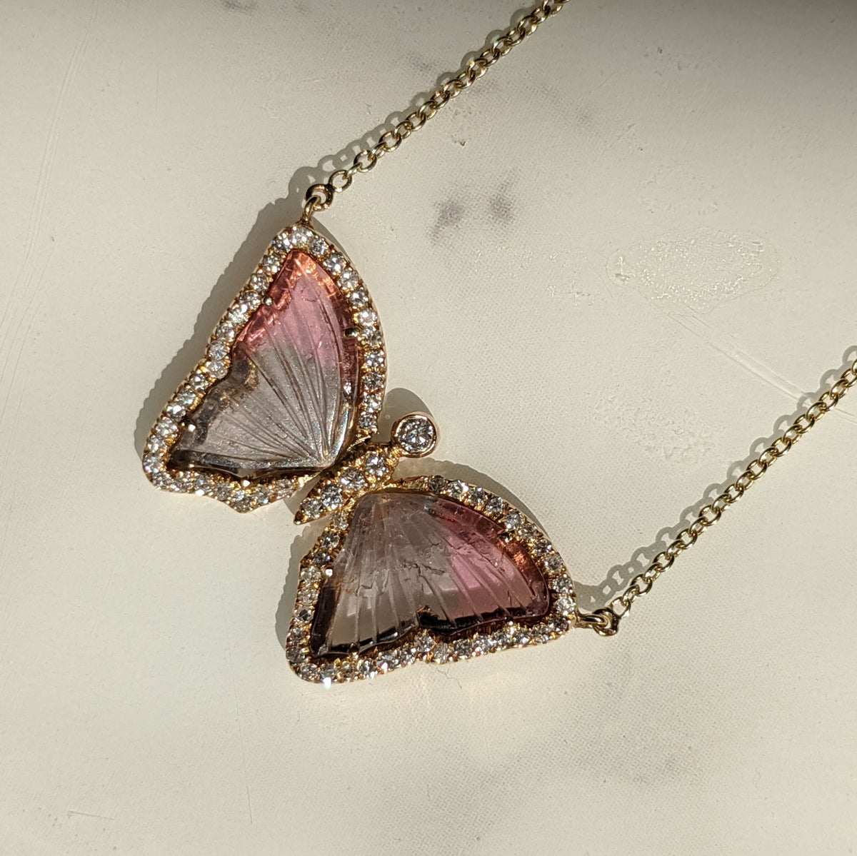 bicolor mauve and pink tourmaline butterfly necklace with diamonds