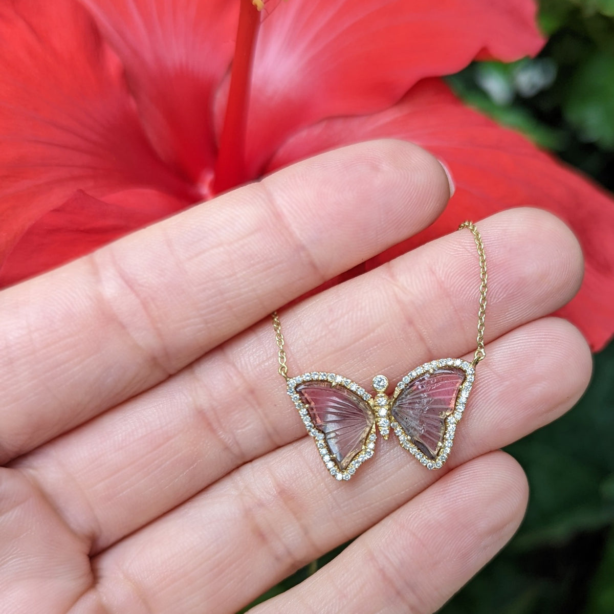 bicolor mauve and pink tourmaline butterfly necklace with diamonds
