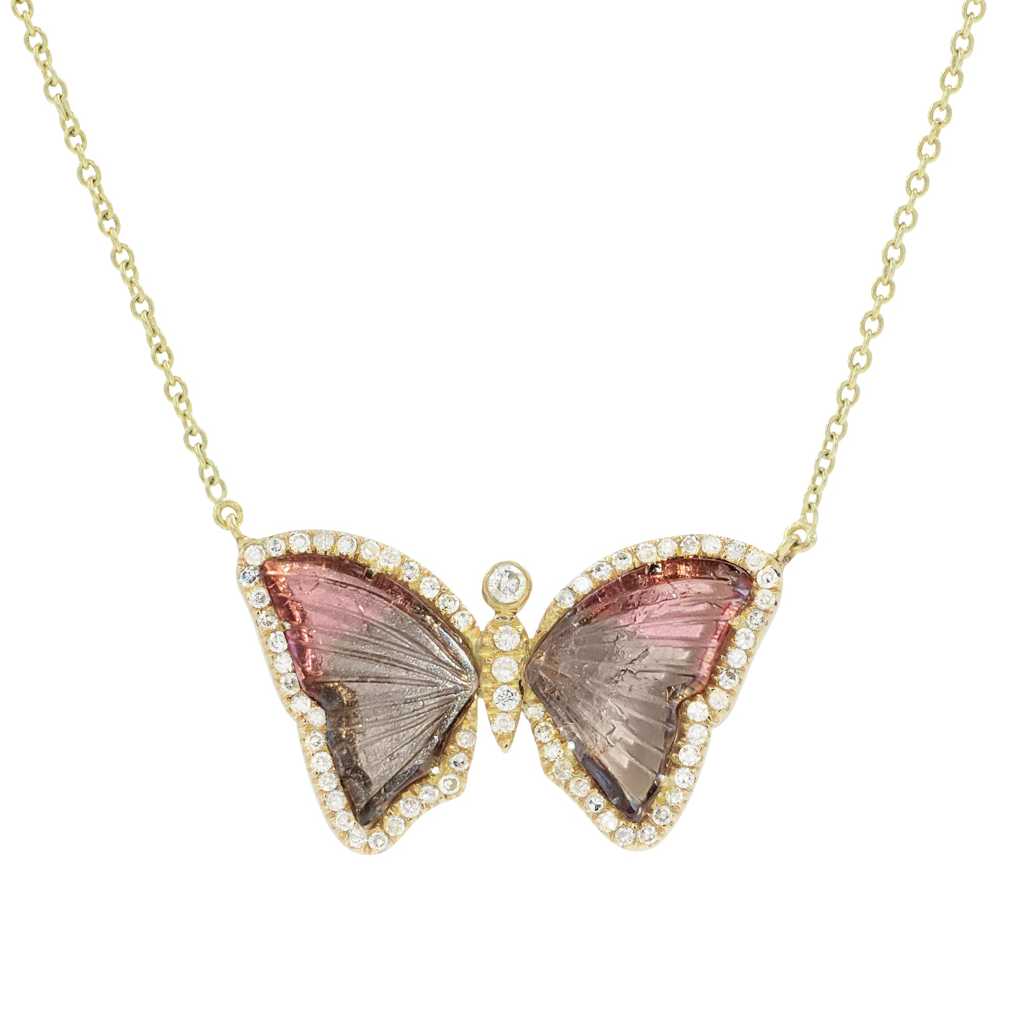 bicolor mauve and pink tourmaline butterfly necklace with diamonds