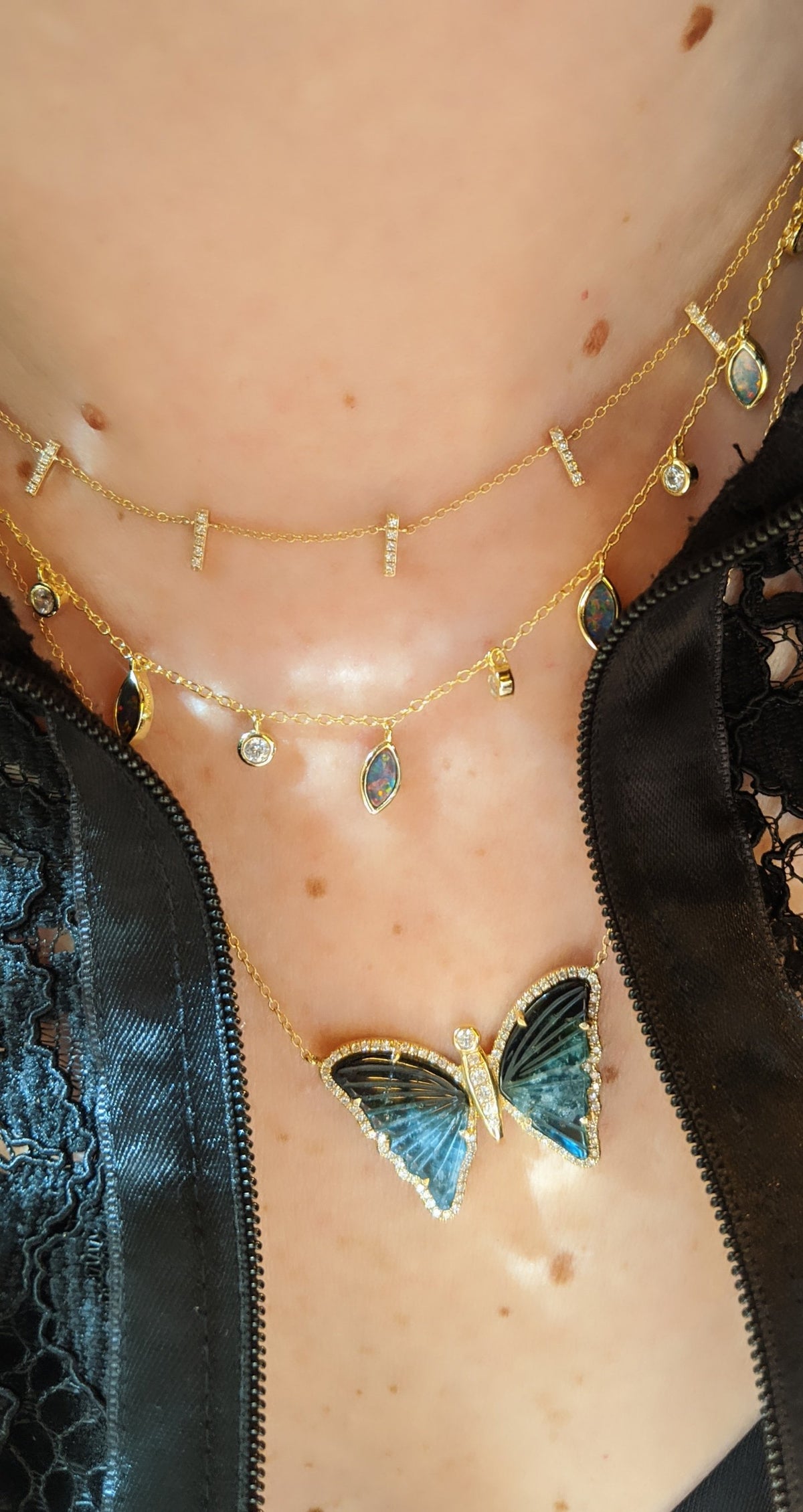 Black and Blue Tourmaline Butterfly Necklace With Diamonds Layered
