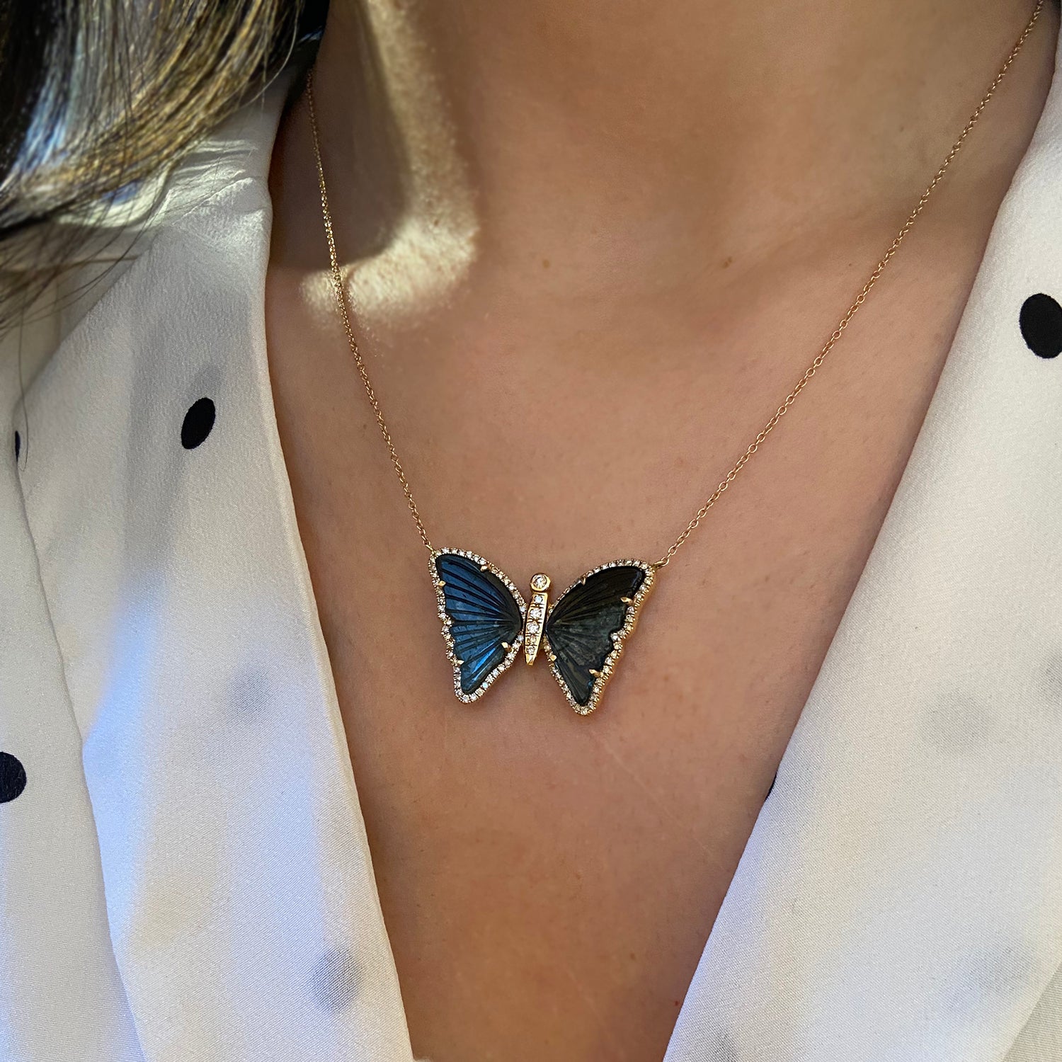 Black and Blue Tourmaline Butterfly Necklace With Diamonds