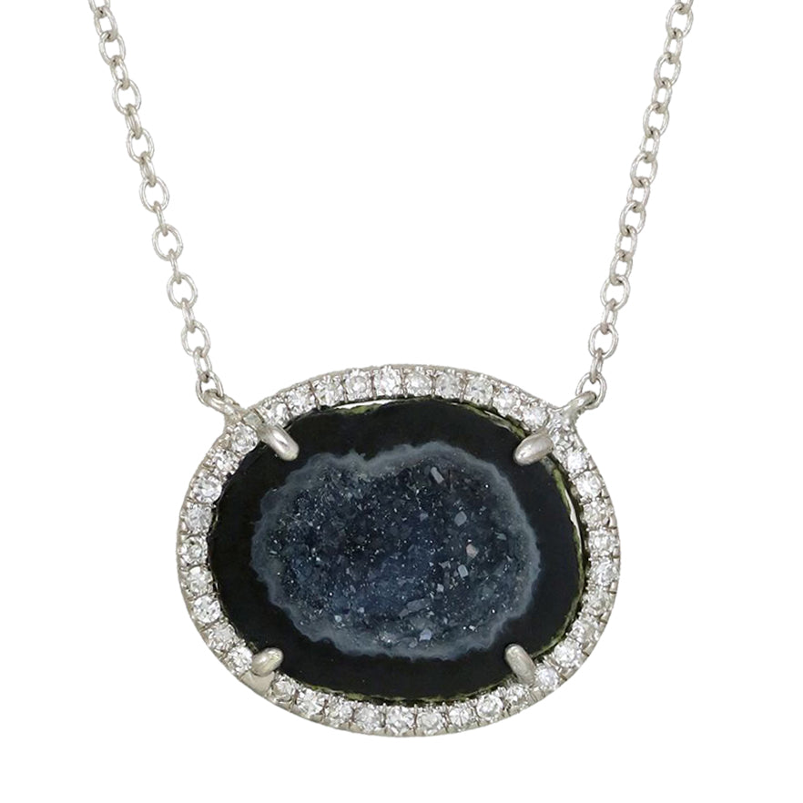 Black Baby Geode Necklace With Diamonds in White Gold Pendant