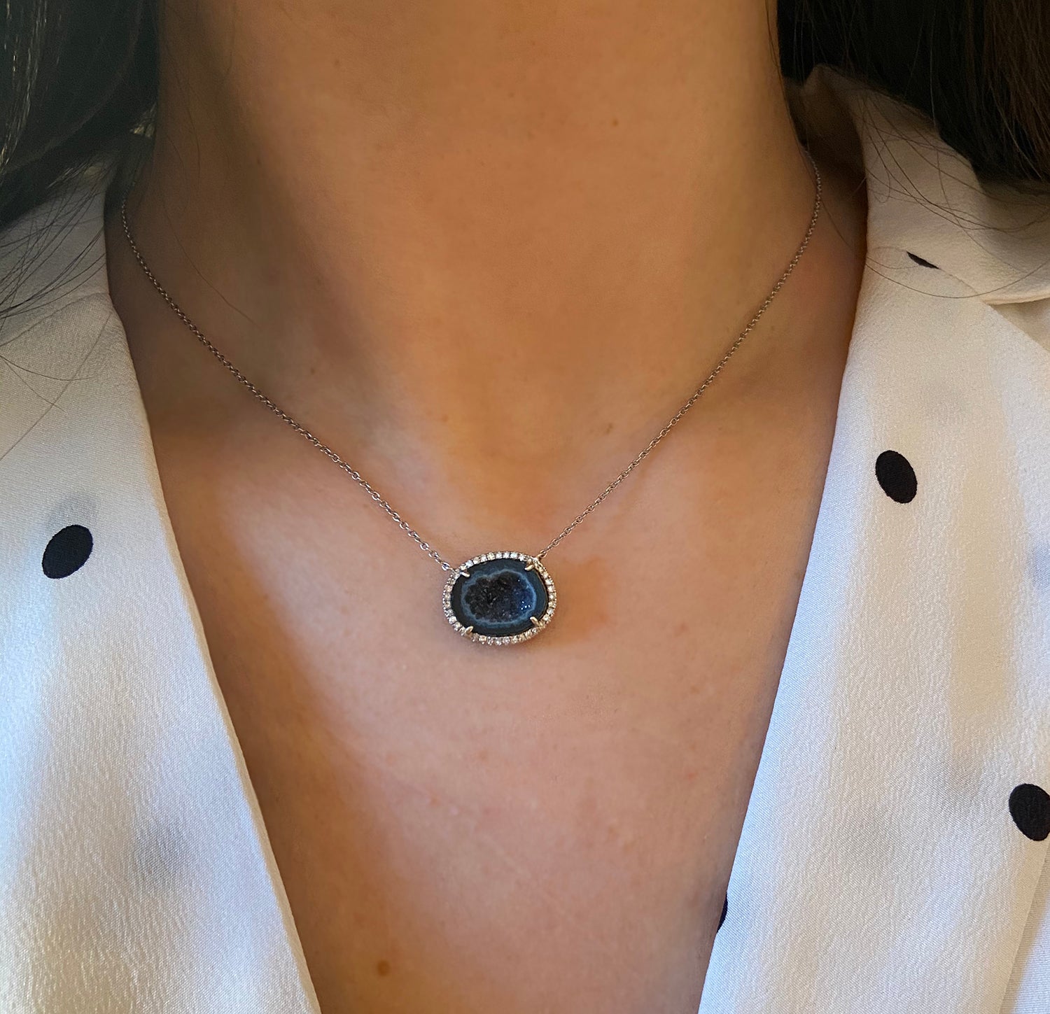 Black Baby Geode Necklace With Diamonds in White Gold Pendant
