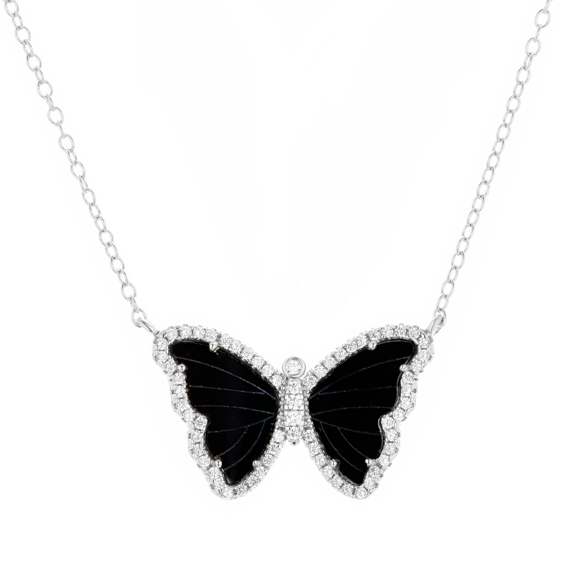 black onyx butterfly necklace with crystals in yellow gold