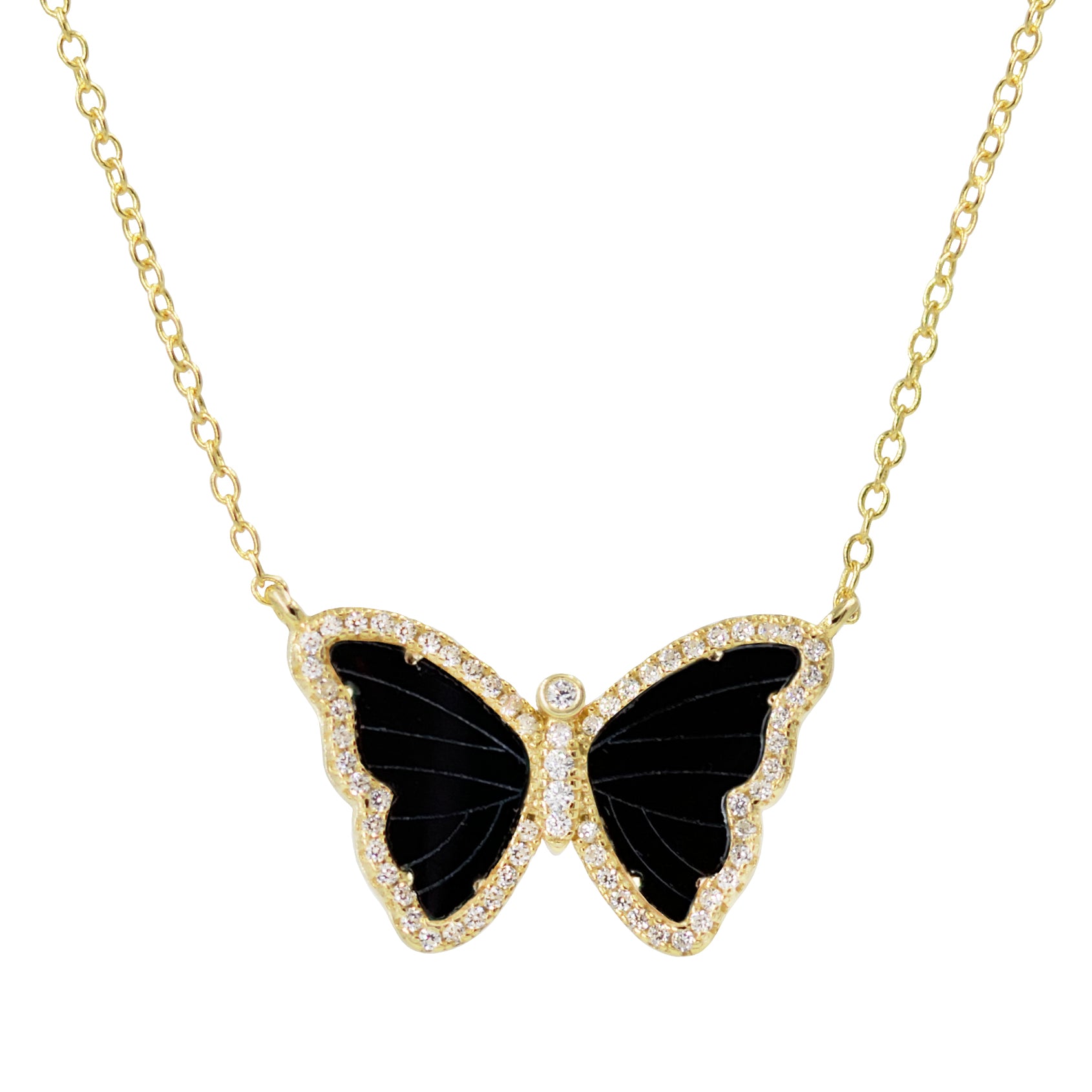 black onyx butterfly necklace with crystals in yellow gold