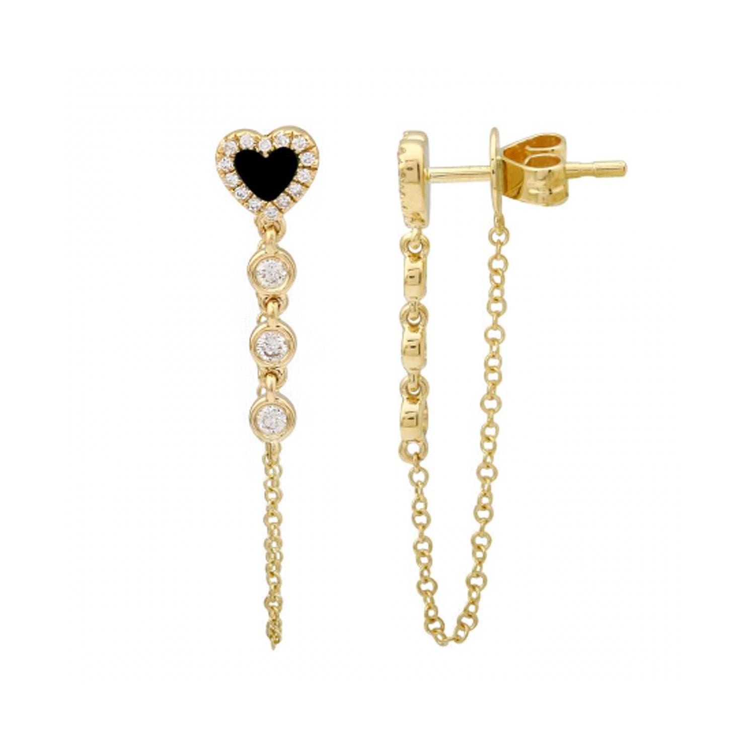black onyx heart chain earrings with diamonds