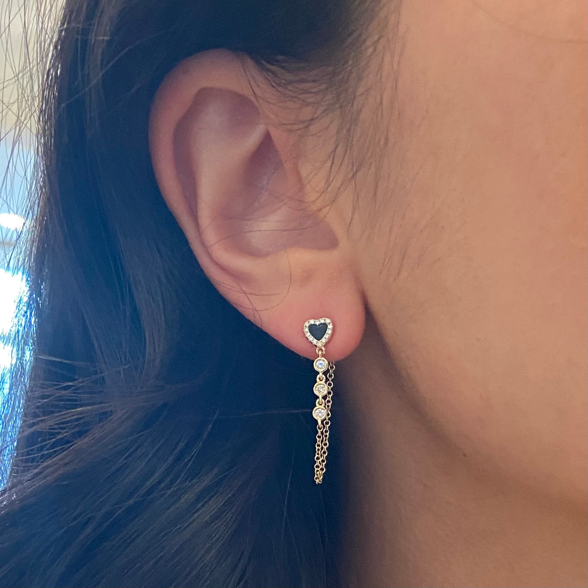 black onyx heart earrings with chain and diamonds