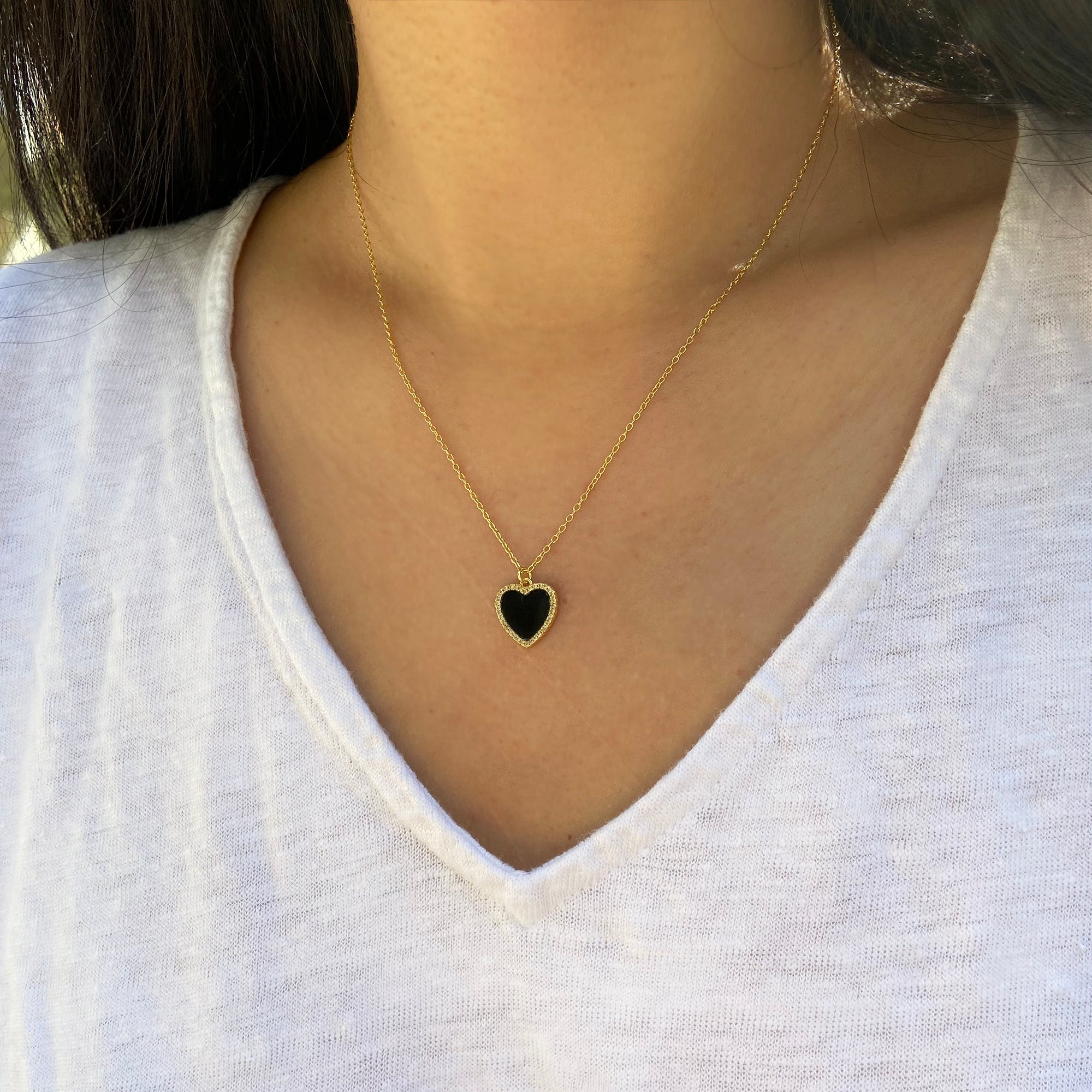 Black onyx heart necklace with crystals gold