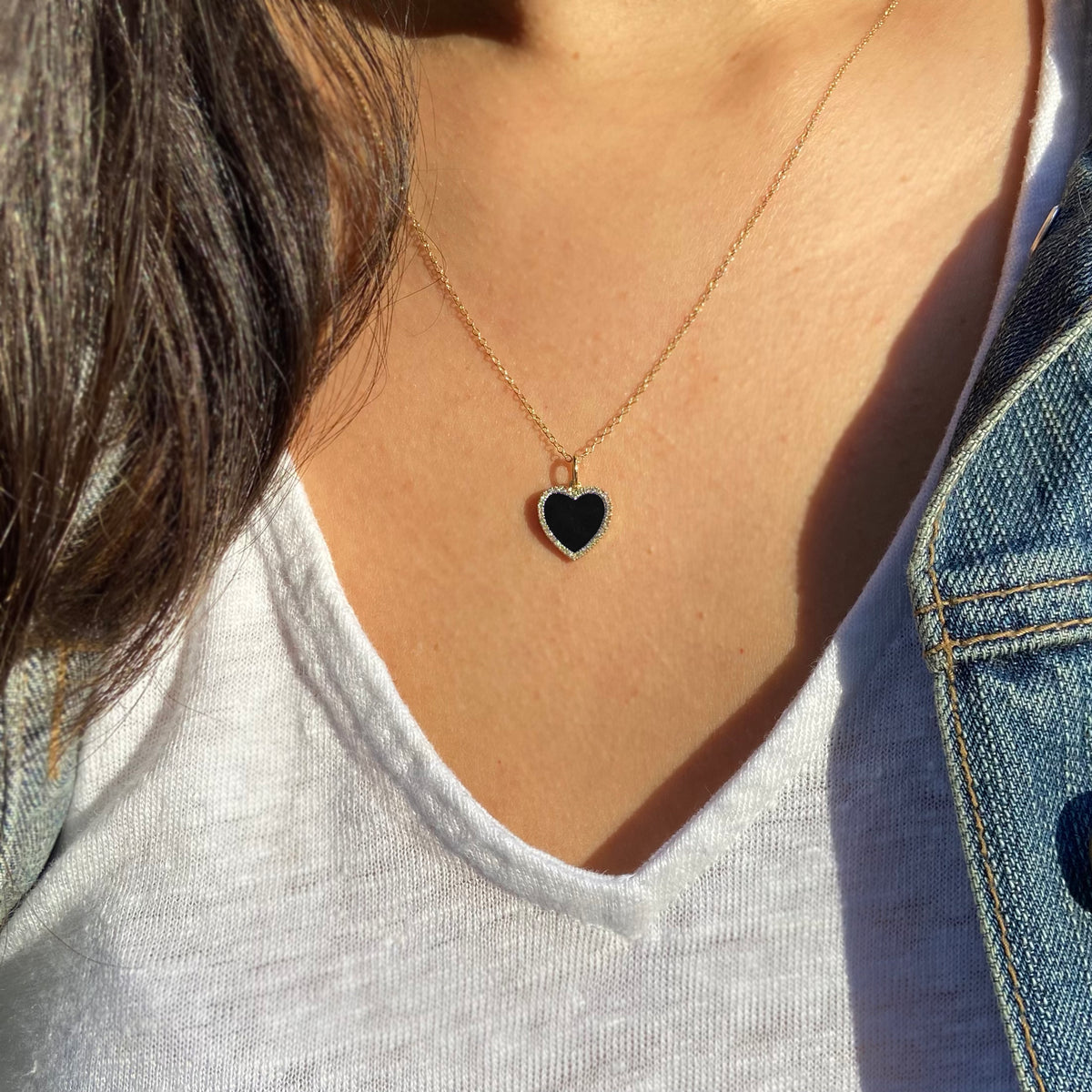 black onyx heart with diamonds on simple chain