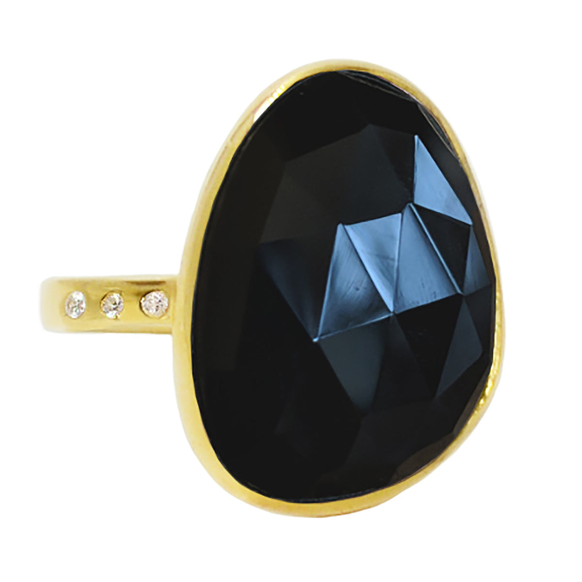 Black Spinel Large Gemstone Cocktail Ring in Yellow Gold With CZ