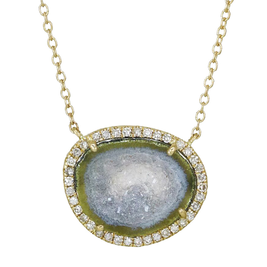 Blue Baby Geode Necklace With Diamonds in Gold Pendant