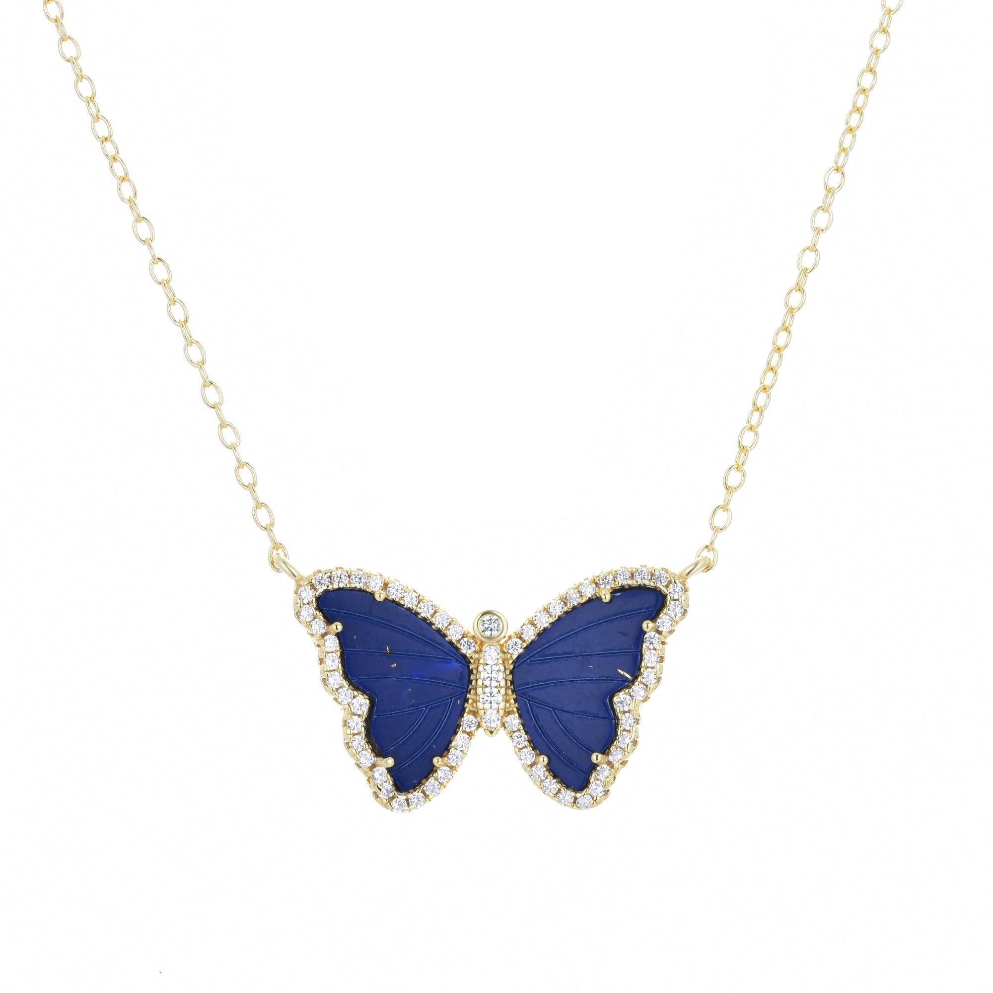blue lapis butterfly necklace with crystals in yellow gold