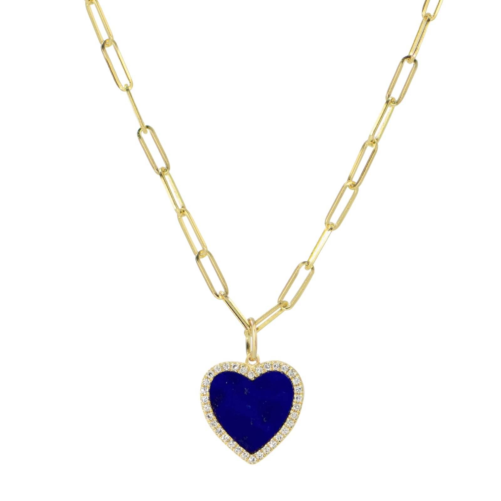 blue lapis heart necklace with diamonds on paperclip link chain
