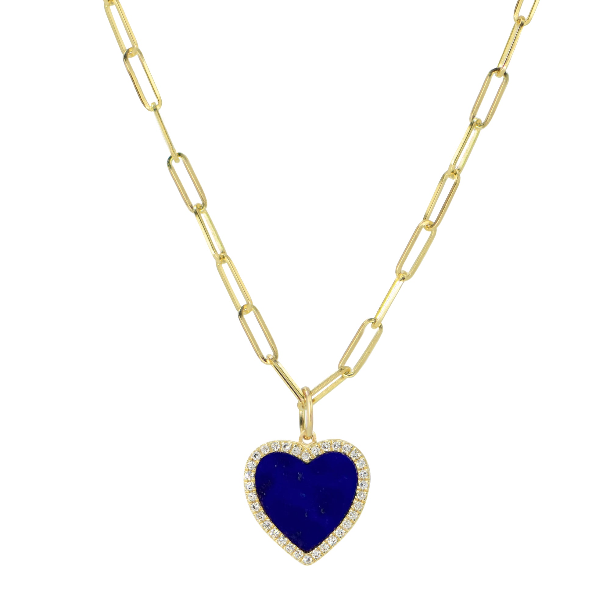 blue lapis heart necklace with diamonds on paperclip link chain