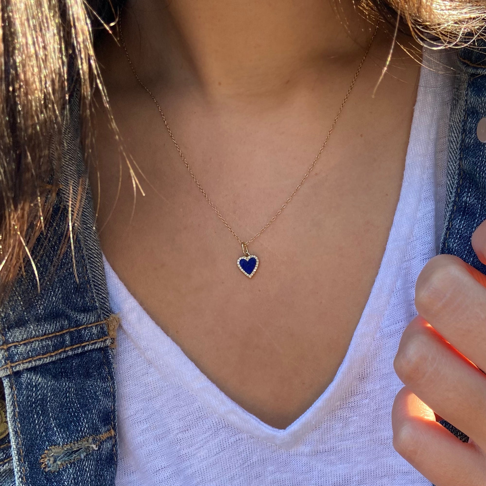 Mini Blue Lapis Heart Necklace With Diamonds