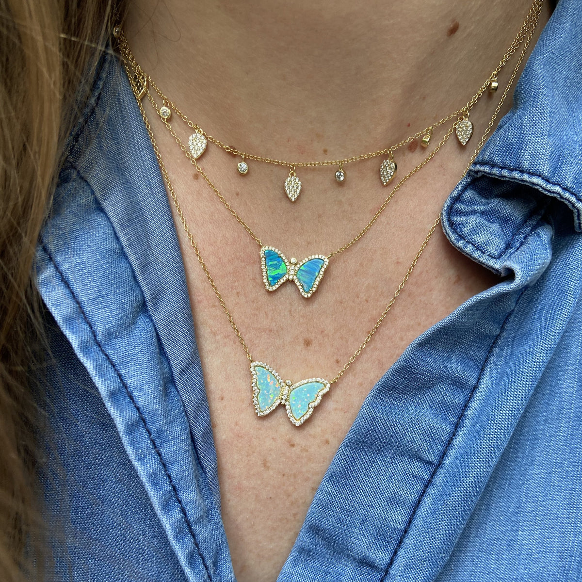 Mini Blue Opal Butterfly and Green Butterfly with Queen Choker Necklace