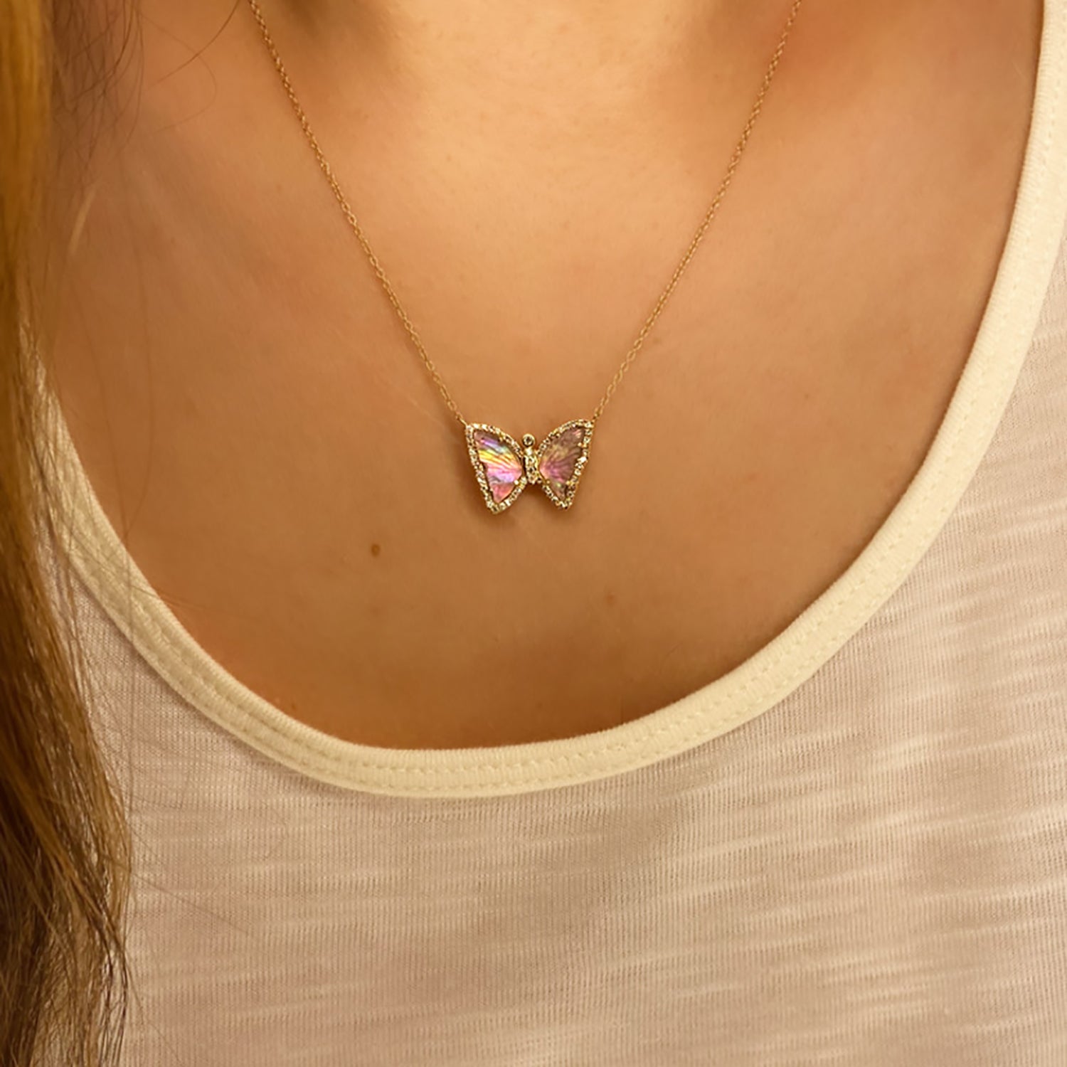 Blush Tourmaline Butterfly Necklace With Pearl and Diamonds