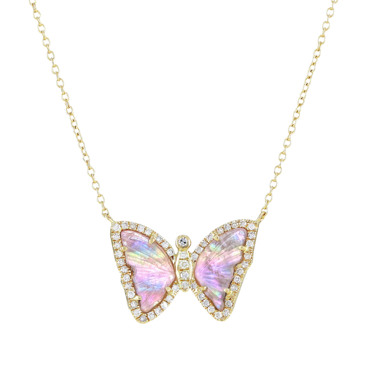 Blush Tourmaline Butterfly Necklace With Pearl and Diamonds Long