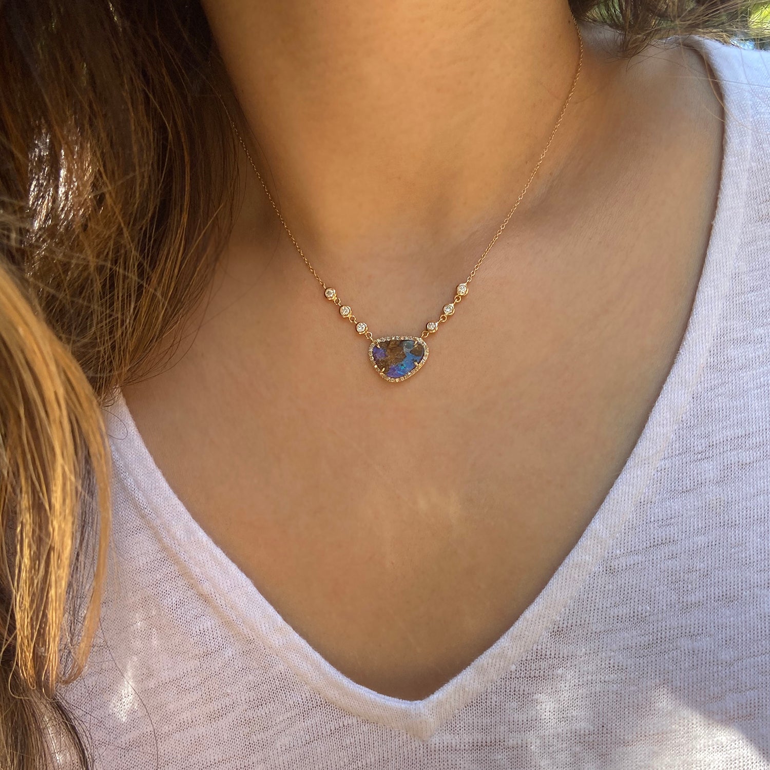 Boulder Opal Necklace With Diamonds in 14k Gold