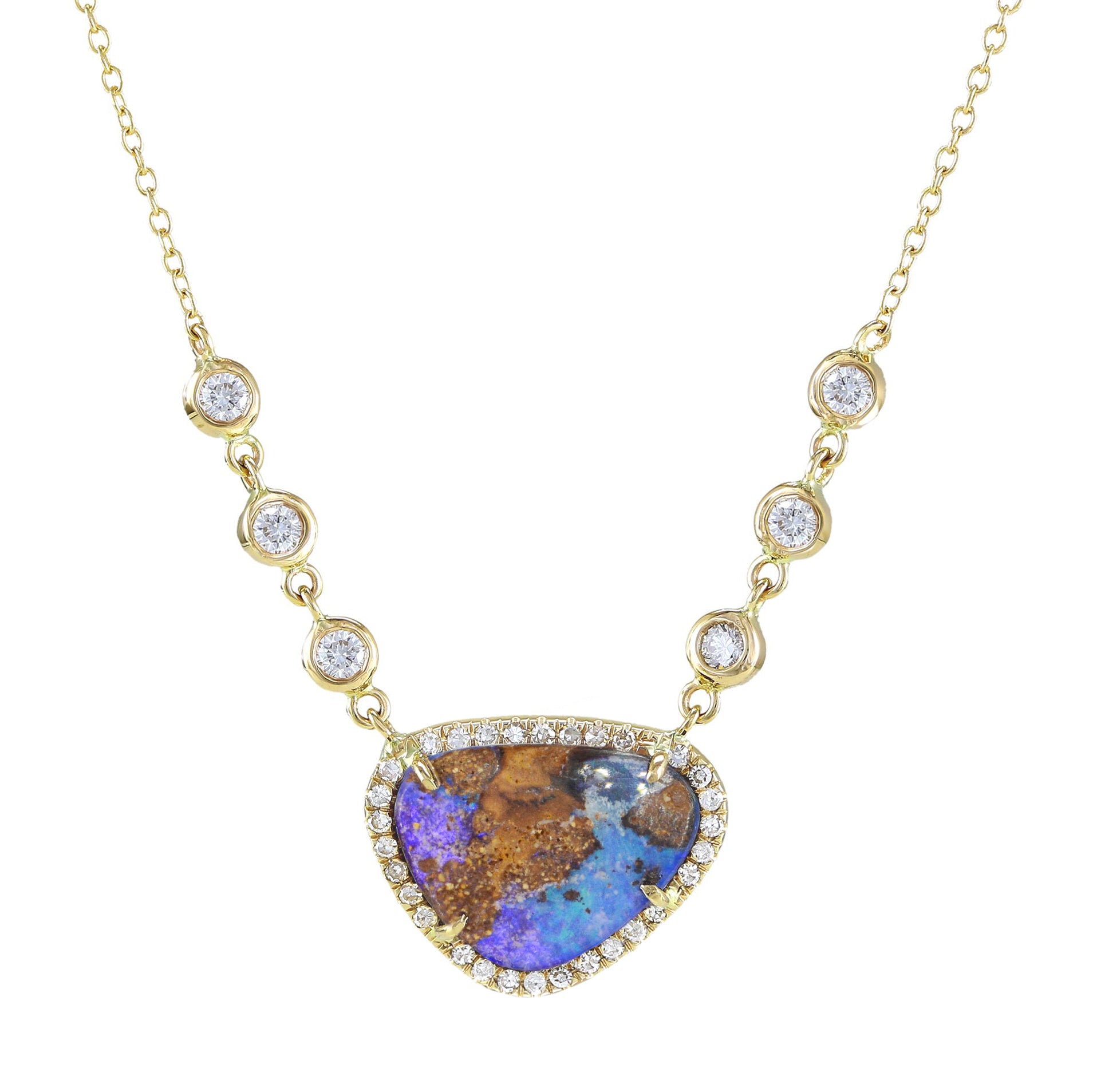 Boulder Opal Necklace With Diamonds in 14k Gold