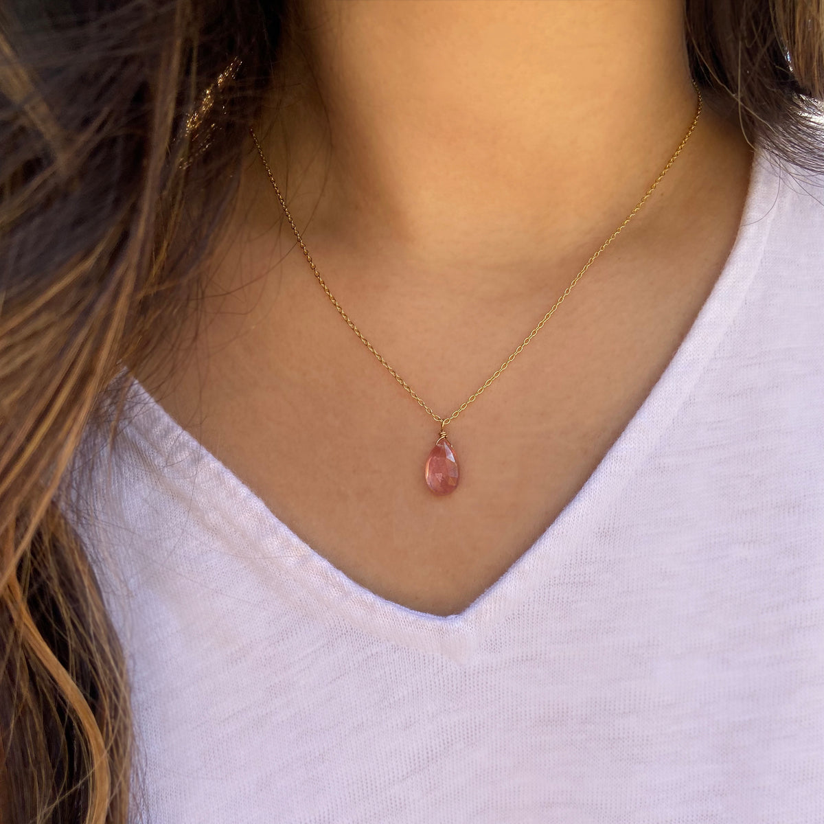briolette gemstone on chain lifestyle pink sapphire