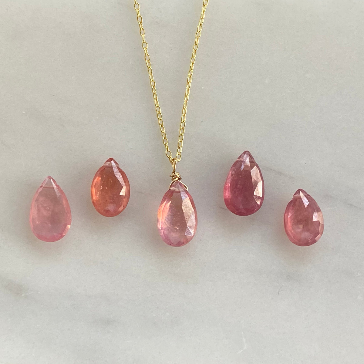 briolette gemstone on chain pink sapphire
