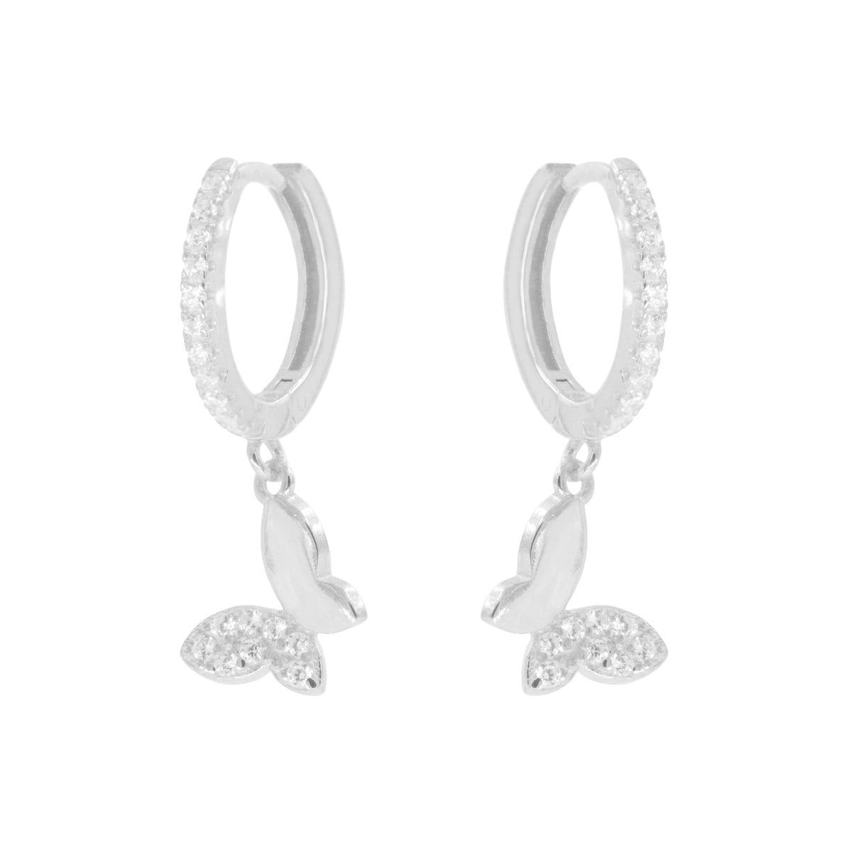 butterfly huggie earrings with crystals in silver