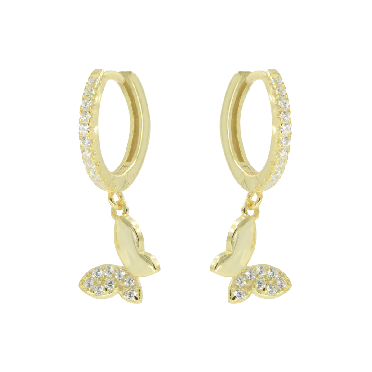 butterfly huggie earrings with crystals in yellow gold