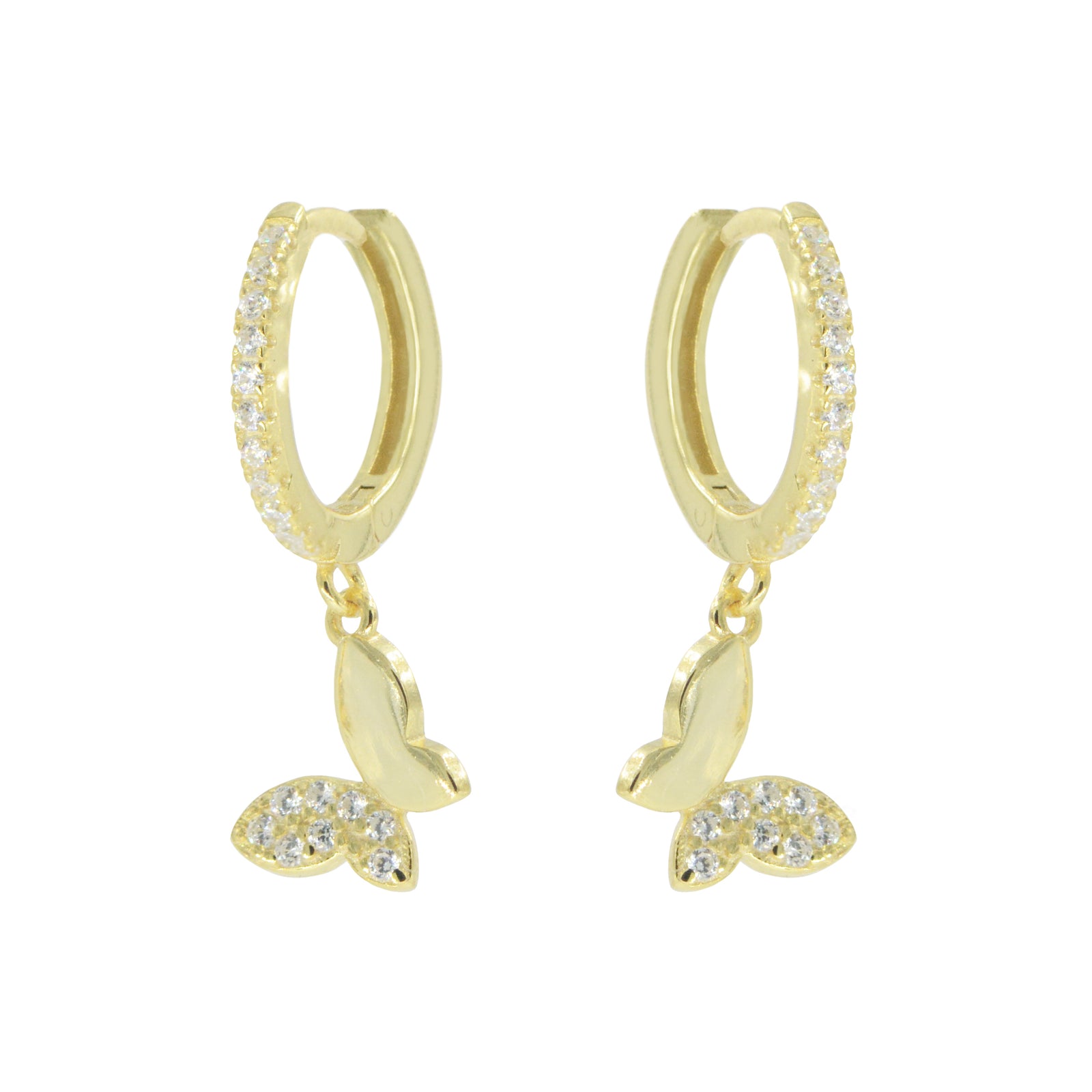 butterfly huggie earrings with crystals in yellow gold