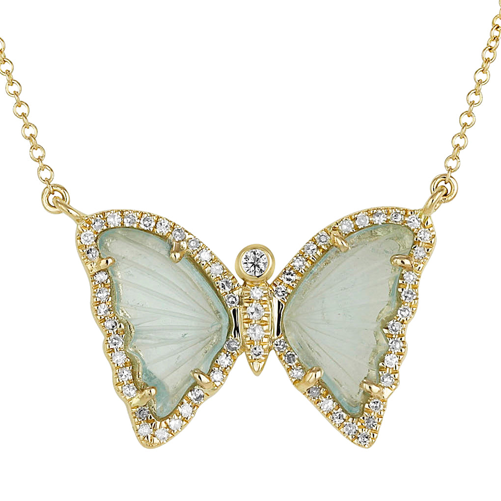 Butterfly Necklace With Blue Green Tourmaline and Diamonds in 14K Yellow Gold