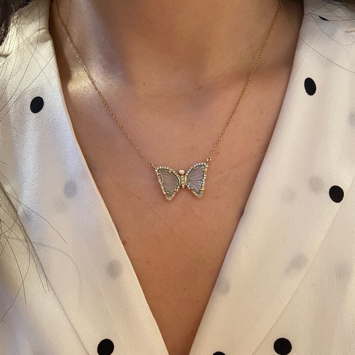 Butterfly Necklace With Blue Green Tourmaline and Diamonds in 14K Yellow Gold Lifestyle