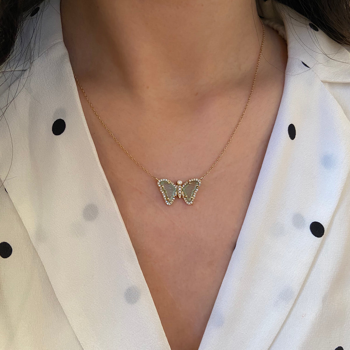 Butterfly Necklace With Mini Green Tourmaline and Diamonds Lifestyle Model