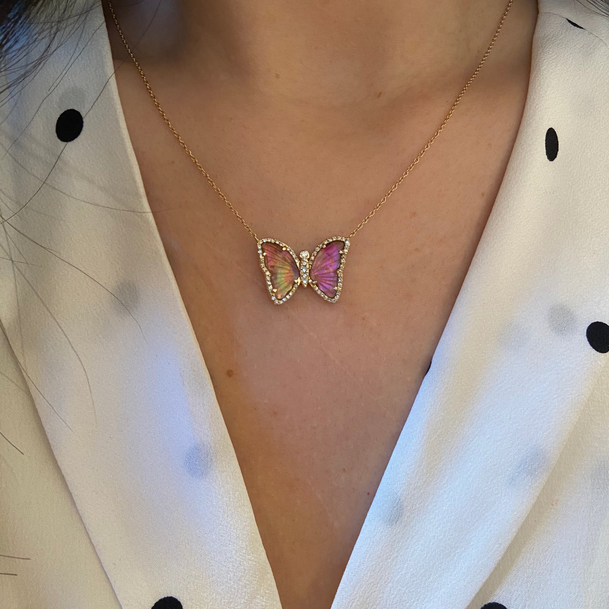 Butterfly Necklace With Pink Tourmaline and Pearl Lifestyle