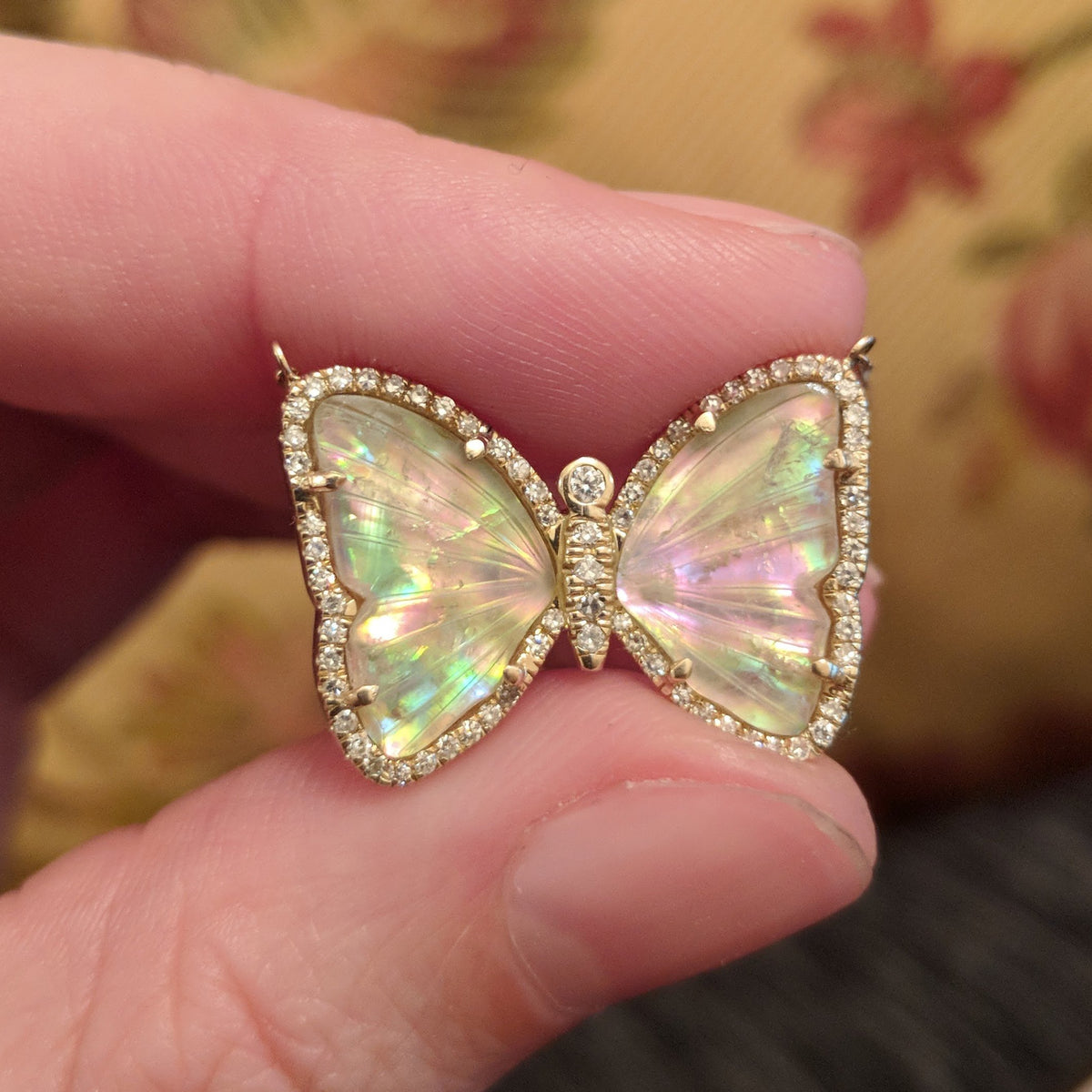 Butterfly Necklace With Tourmaline and Pearl in Hand