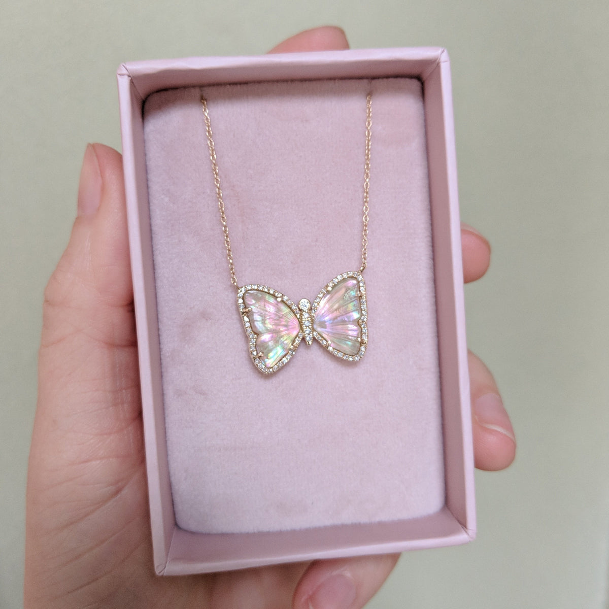 Butterfly Necklace With Tourmaline and Pearl Packaging