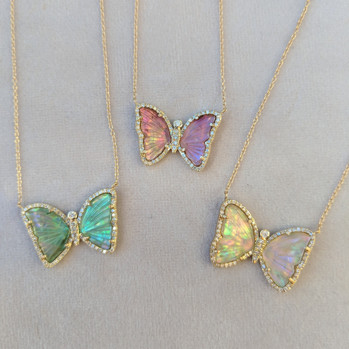 Butterfly Necklaces With Tourmaline and Pearl Trio