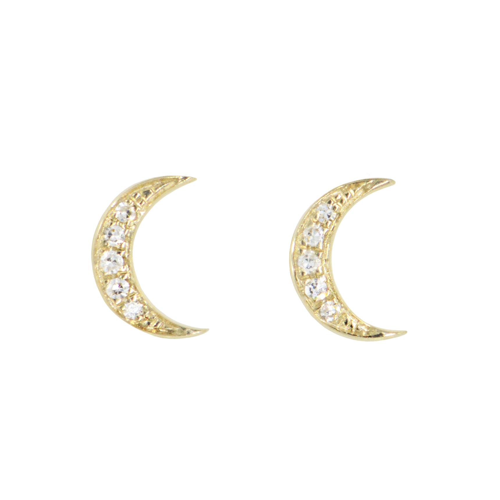Crescent moon diamond stud earrings in 14k gold