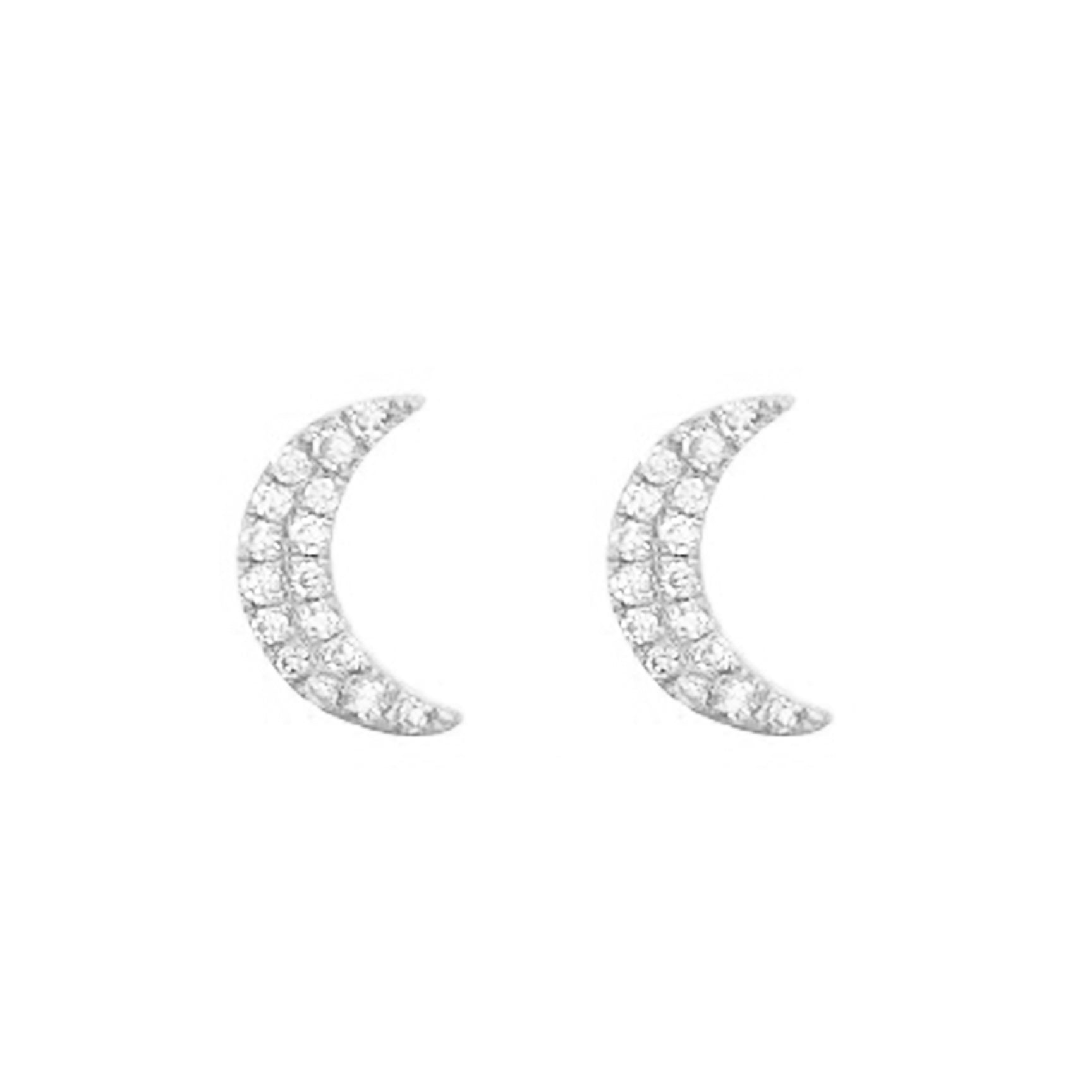 crescent moon stud earrings with diamonds in white gold