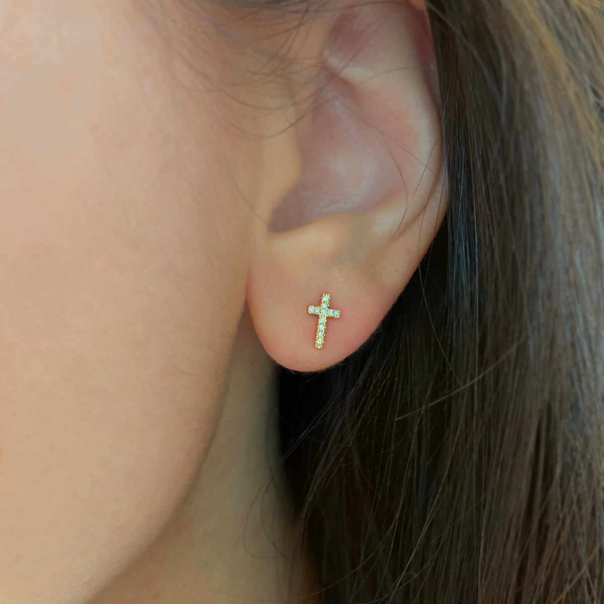 Cross Diamond Stud Earrings in 14k Gold Lifestyle