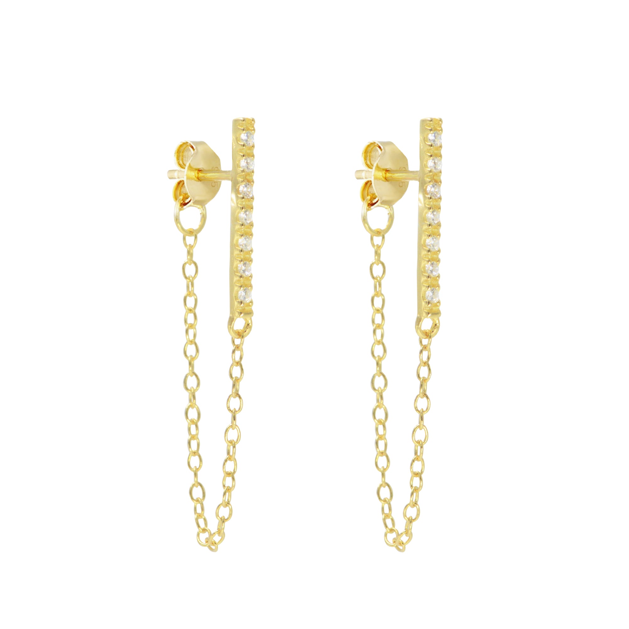 Crystal Bar Chain Stud Earrings in Yellow Gold