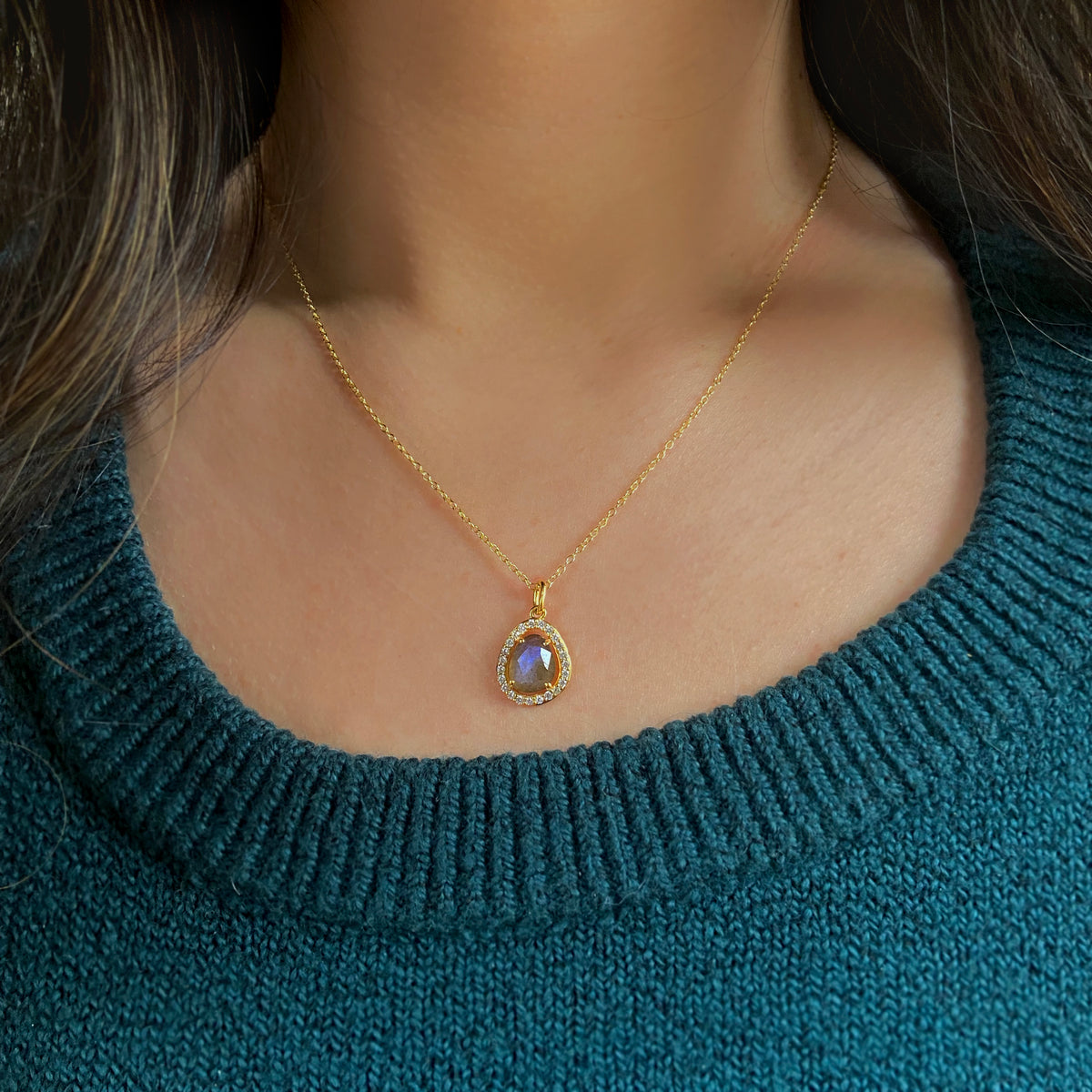 Deanna labradorite floating halo pendant lifestyle