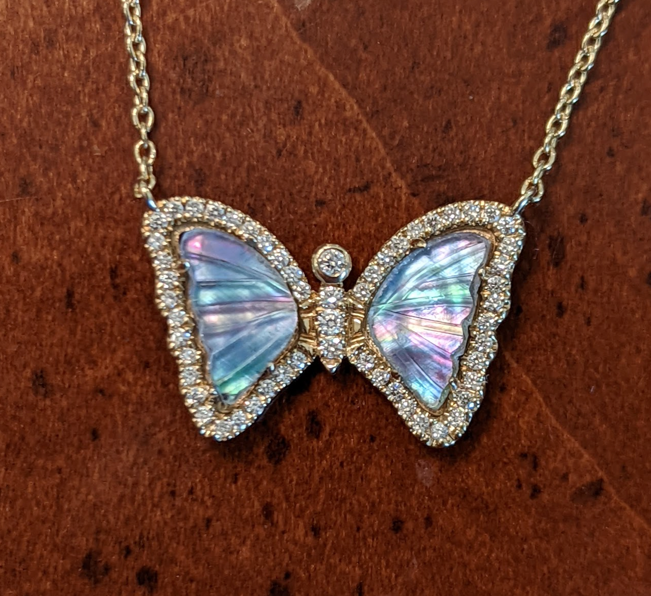 Misty Grey-Lavender Butterfly Necklace With Pearl and Diamonds