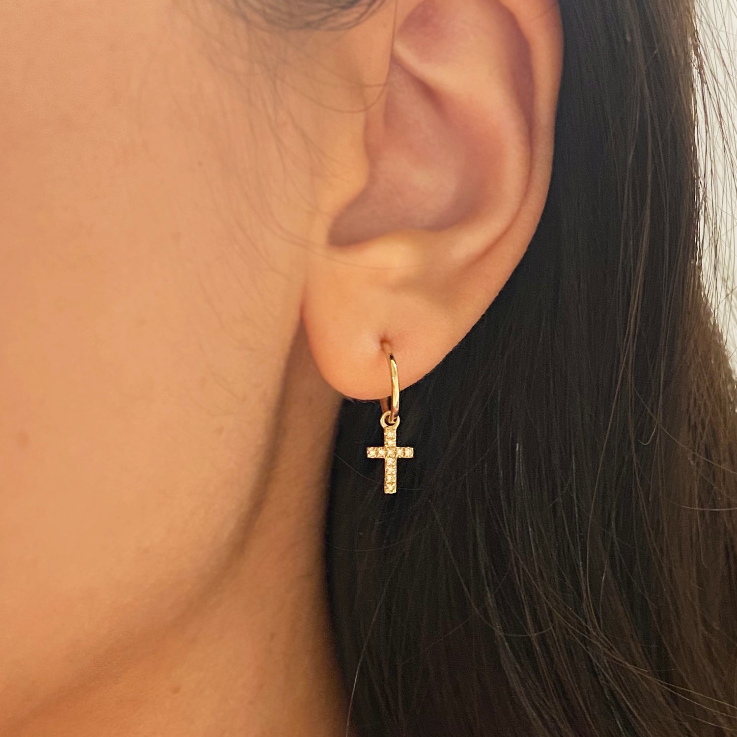 Diamond Cross Huggie Earrings in 14k Gold