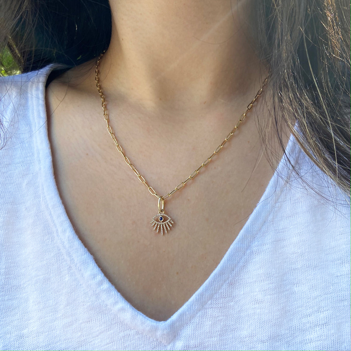 Diamond Evil eye necklace with rays in 14k gold paperclip chain