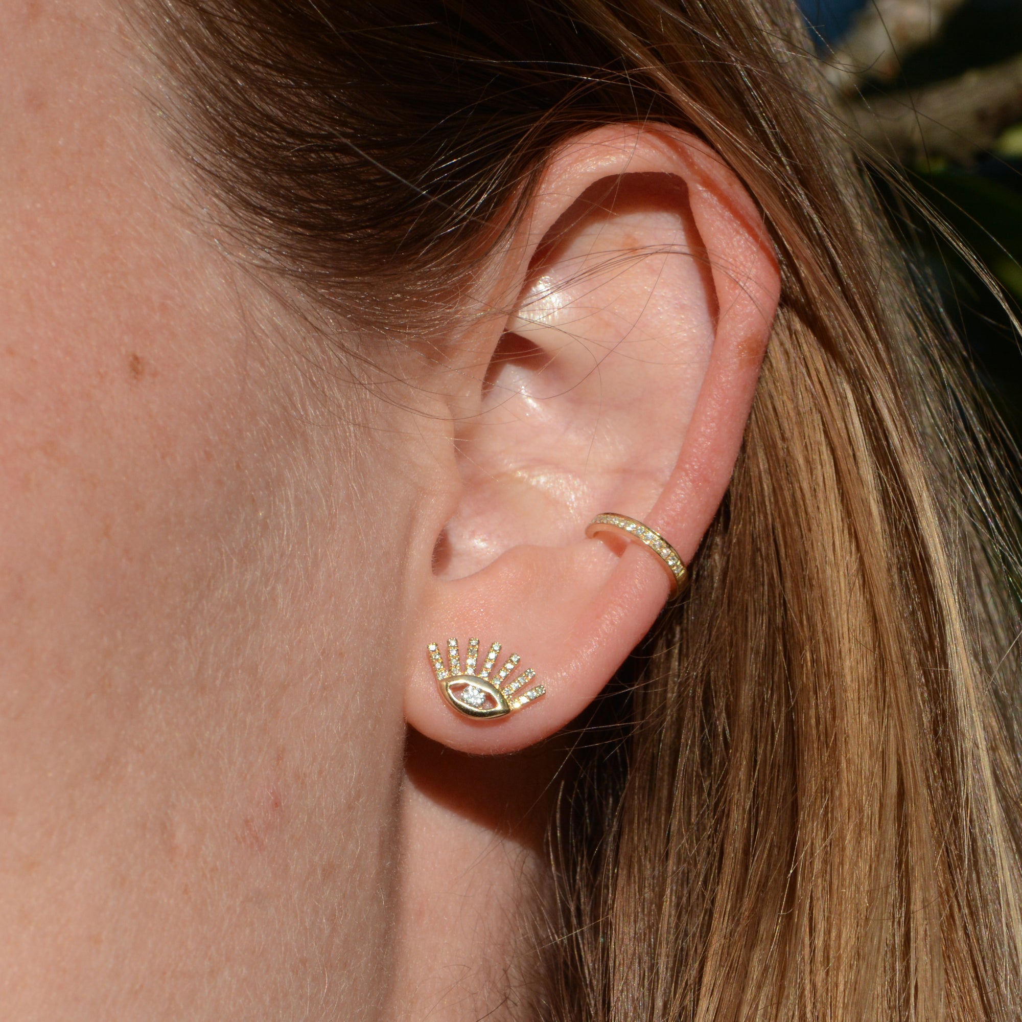 Fossil Women's Evil Eye 14K Gold Plated Clear Laboratory Grown Diamond Stud Earrings - Metallic