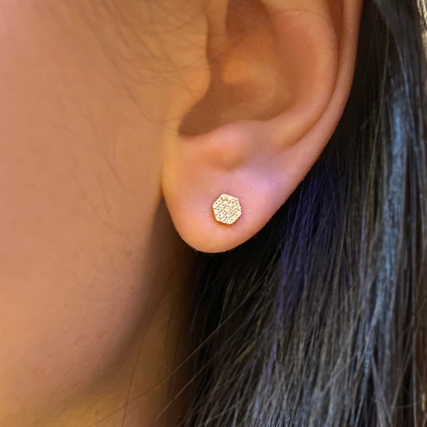 Diamond Hex Stud Earrings in 14k Yellow Gold